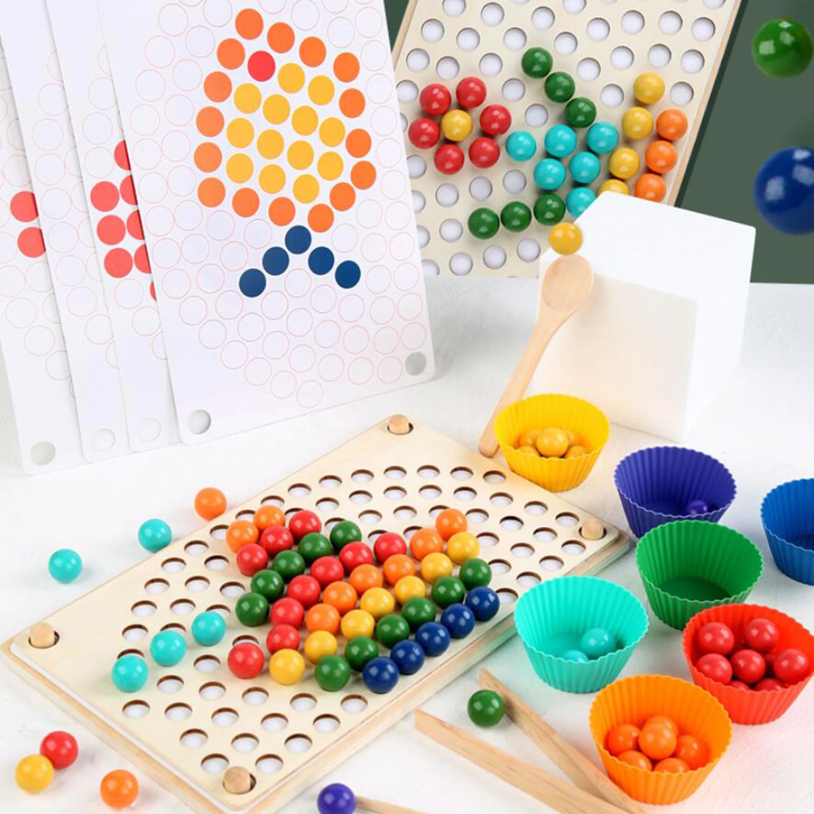 Wooden Clip Beads Rainbow Toy Go Games Set Beads Board Games Toy Clip Beads Puzzle Montessori Educational Toys