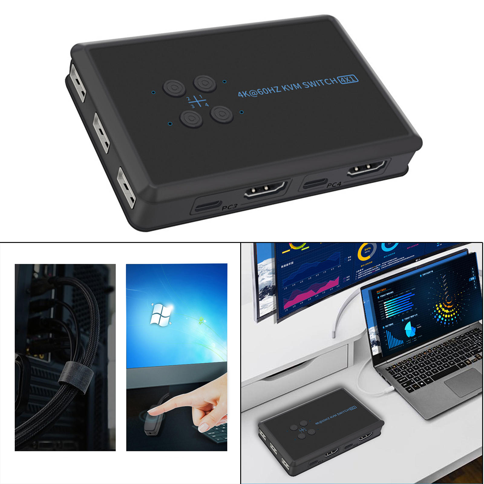 KVM Switch  4 Port Box, UHD 4K@60Hz & 3D & 1080P Supported, Downward