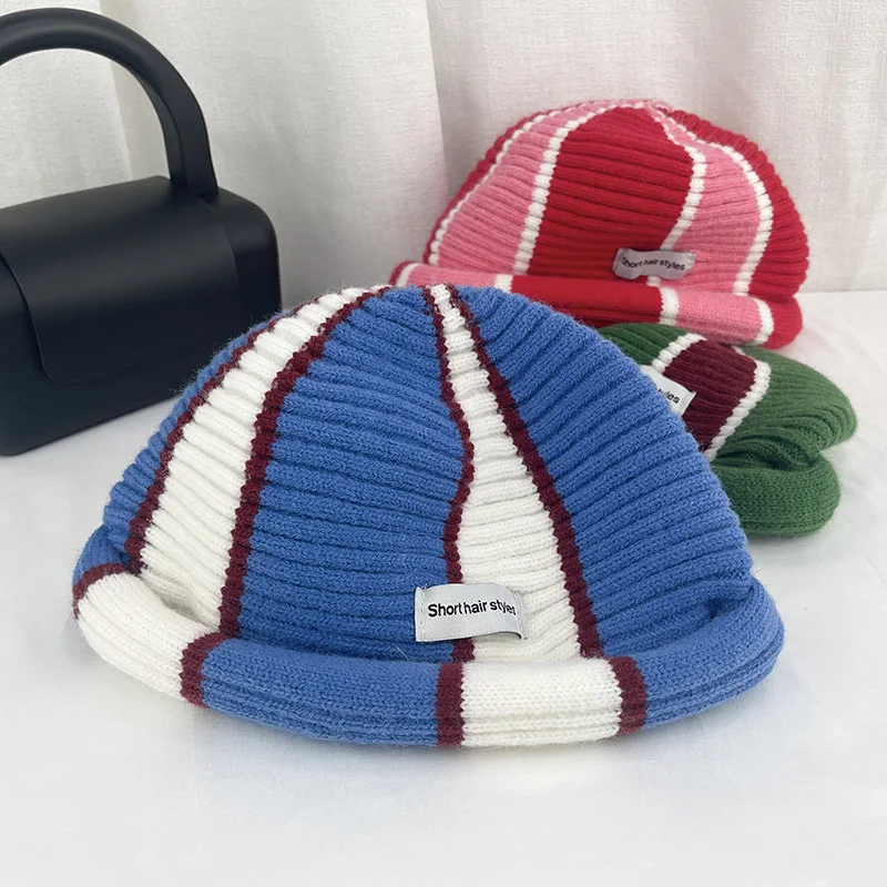 blue bucket hat 2021 autumn and winter new three-color striped round knit hat South Korean fashion brand men and women's watermelon hat bucket sun hat womens