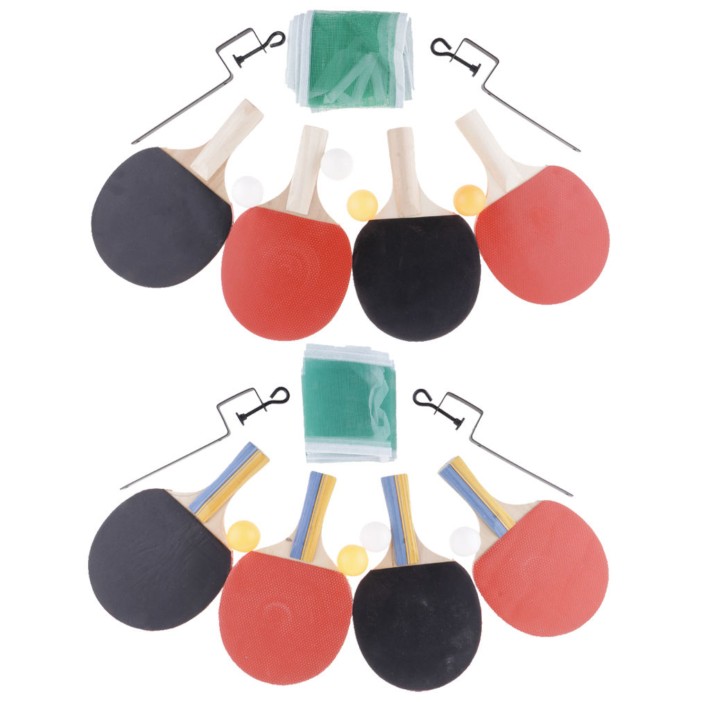 4pcs Table Tennis  Pong Racket White/Colorful Handle Bat Balls Net Set