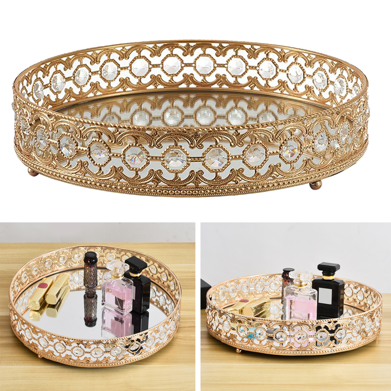 Crystal Cosmetic Mirrored Makeup Tray Perfume Trinket Cake Display Dresser Home Decor