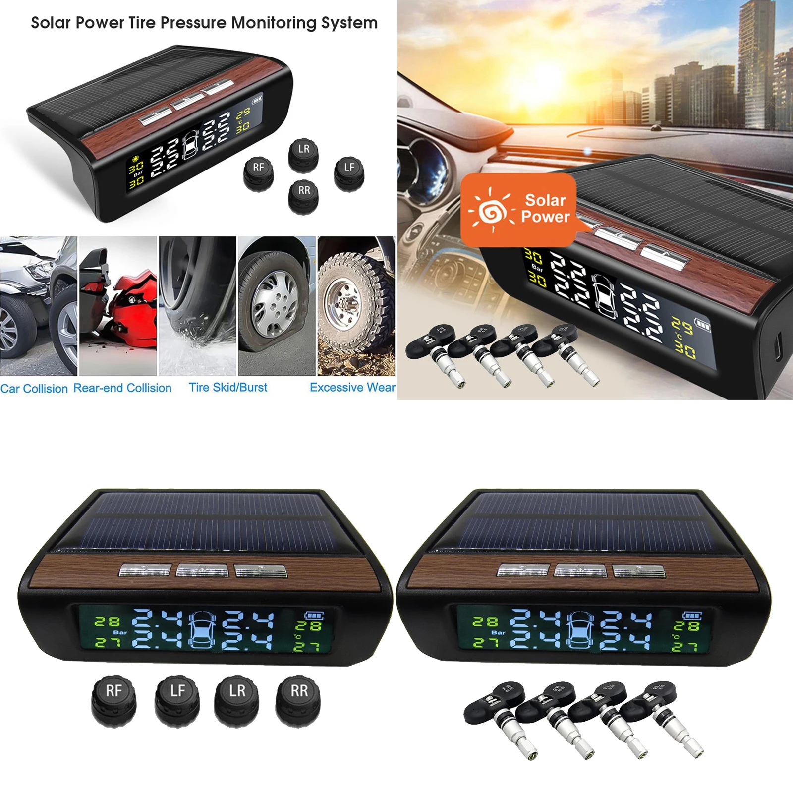 Solar TPMS Car Tire Pressure Alarm Monitor System 4 Sensor Temperature Alert