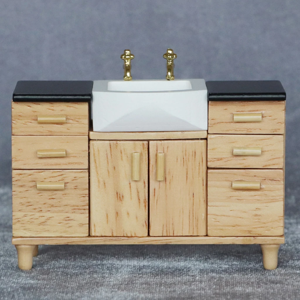 Dollhouse Mini Furniture Modern Oak Sink Cabinet Doll House Accessories