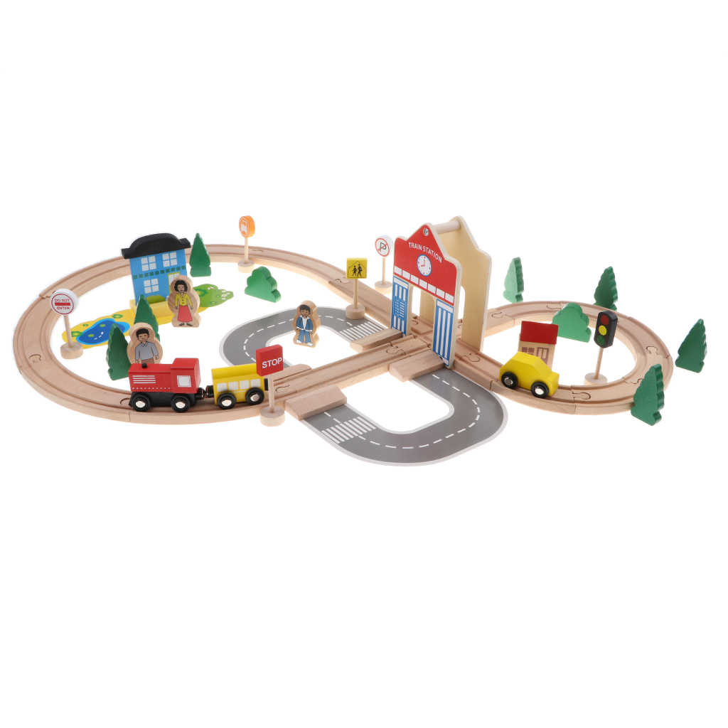 Wooden 50PCS Train Railway Tack Set - Kids Train Car Push Along Playset Toy