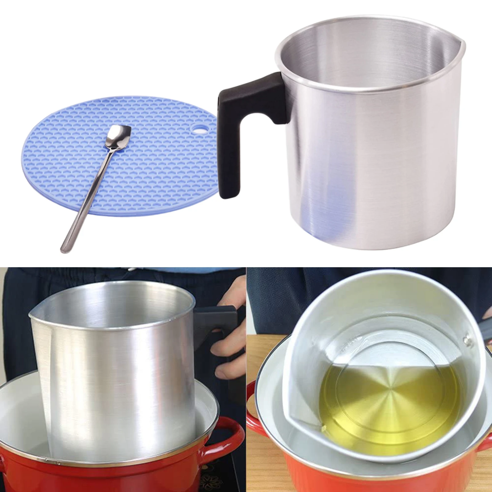 Candle Making Pouring Pot, Dripless Pouring Spout; Heat-Resisting Wax Melting Pot, Aluminum Pitcher w/ Long Spoon and Cup Mat