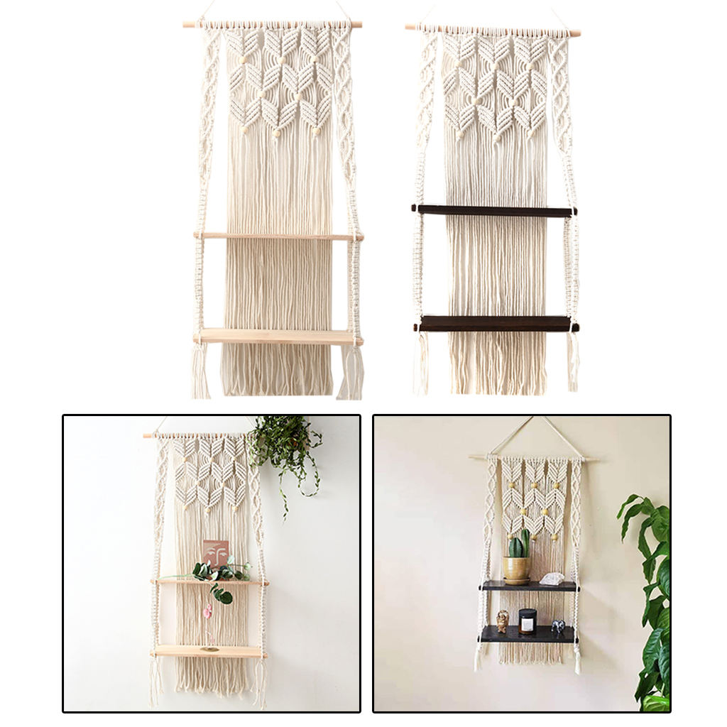 Bohemian Handwoven Tapestry Wall Hanging Shelf Decor 2 Tiers for Living Room Bedroom Picture Frame Home Storage Organizer