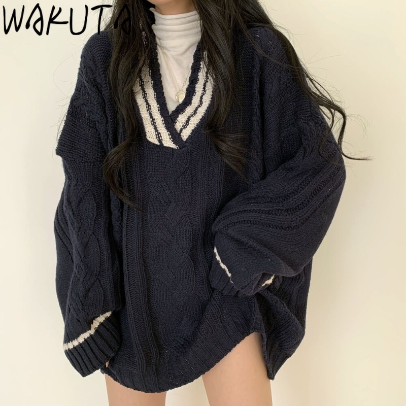 wakuta coreano camisola feminina oversized pescoço puff manga longa pullovers outono inverno vintage engrossar malha topos elegante