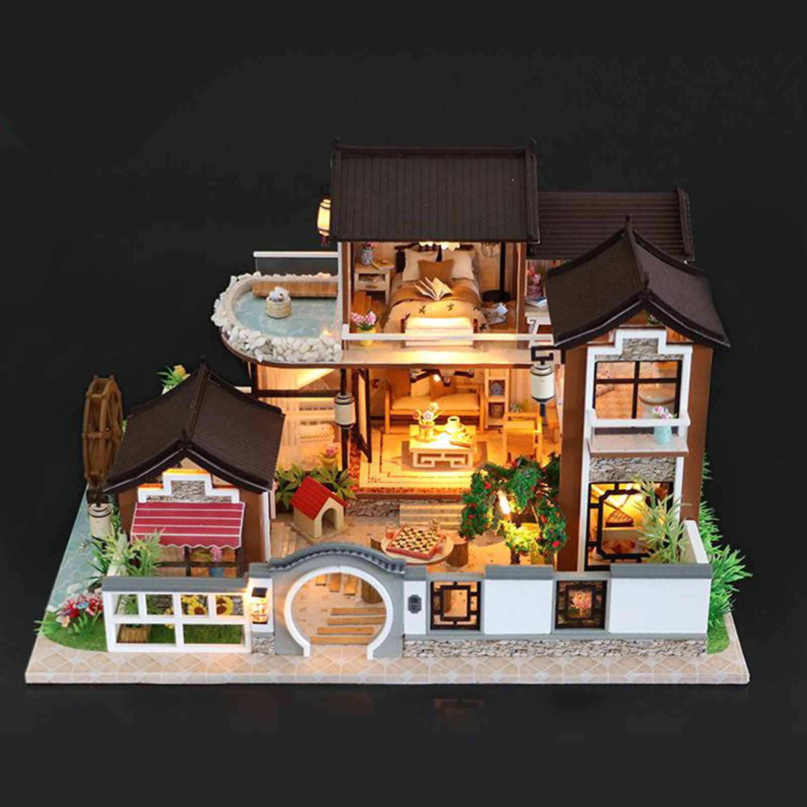 Kids Toys Dollhouse with Furniture Assemble Wooden Miniature Doll House Chinese Style Country Villa Diy For Children