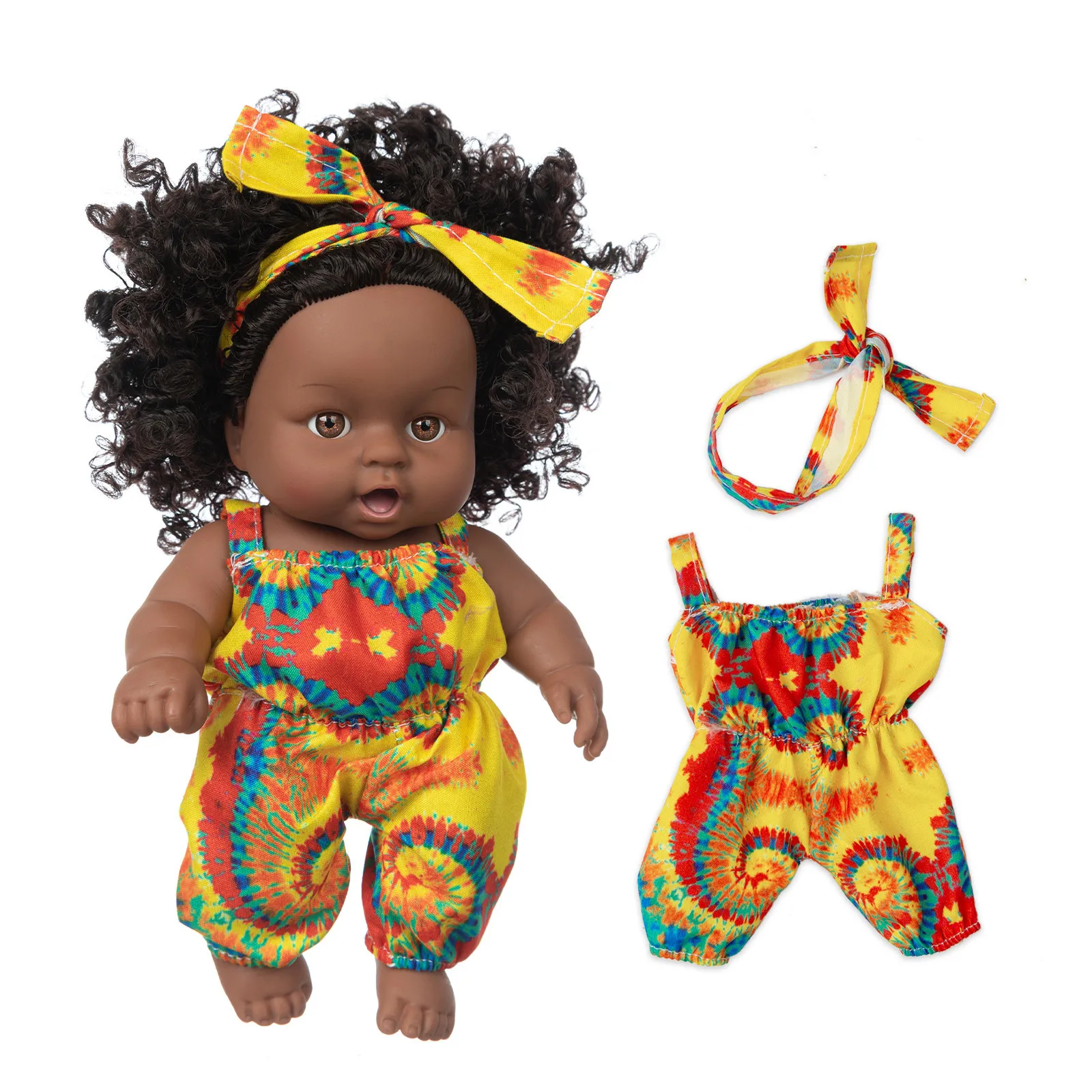Black African Black Dolls Lifelike Explosion Head Wear A Headscarf Baby Cute Curly Black 8-Inch Reborn Clothes Vinyl Baby Toy