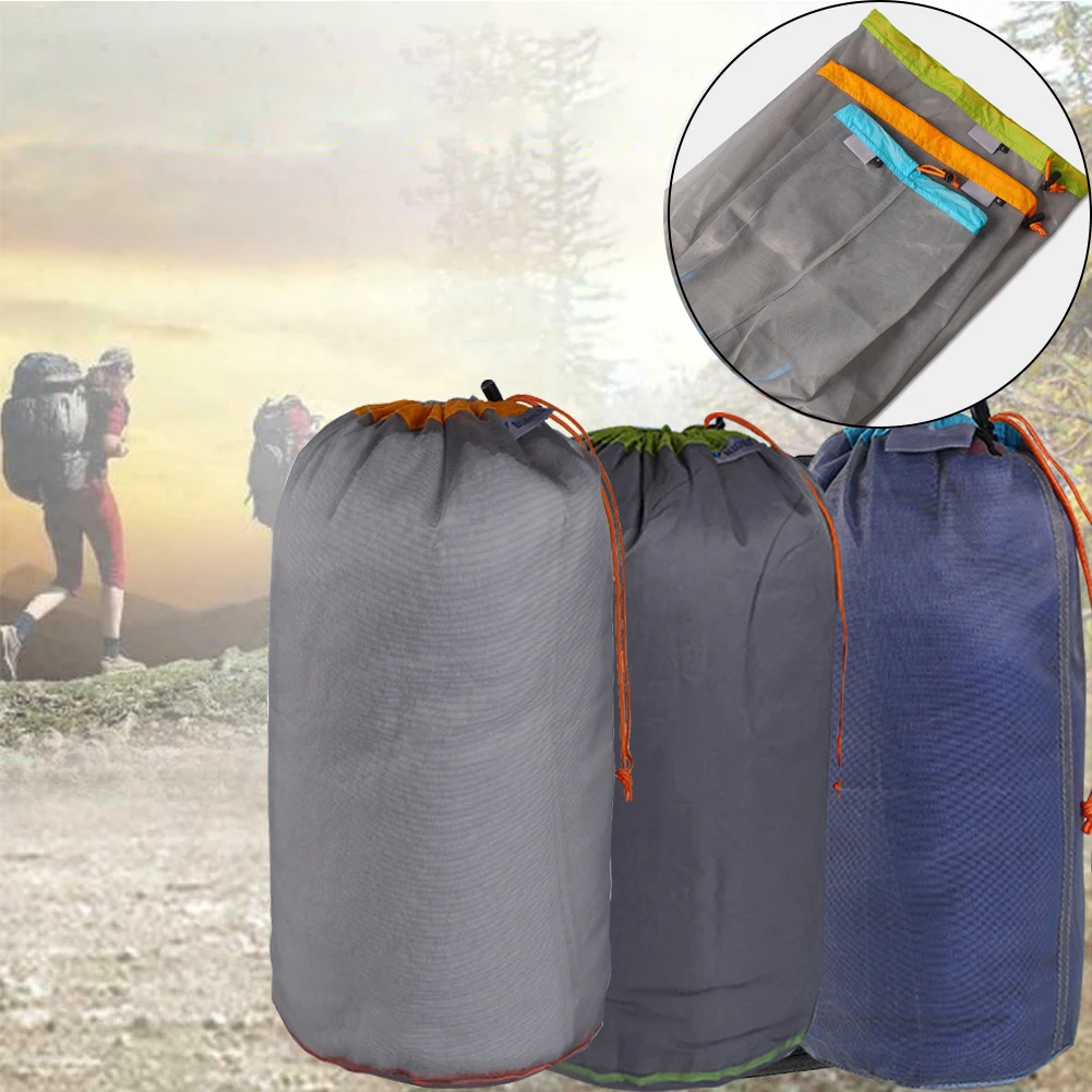 Nylon Round Bottom Stuff Sack Camping Mesh Hiking Storage Bag Durable Drawstring 