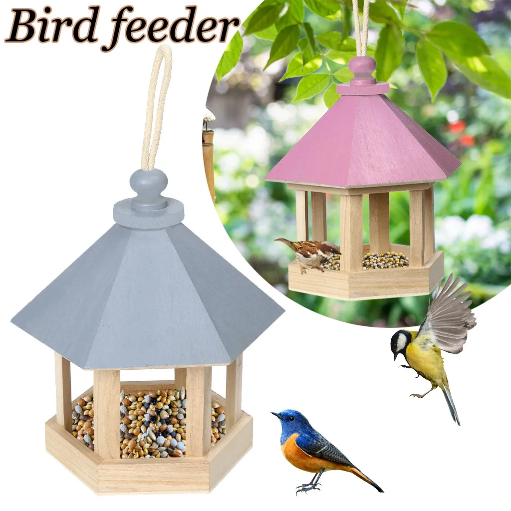 Wooden Bird Feeder Hanging Hexagon Shaped With Roof for Garden Yard Decoration 