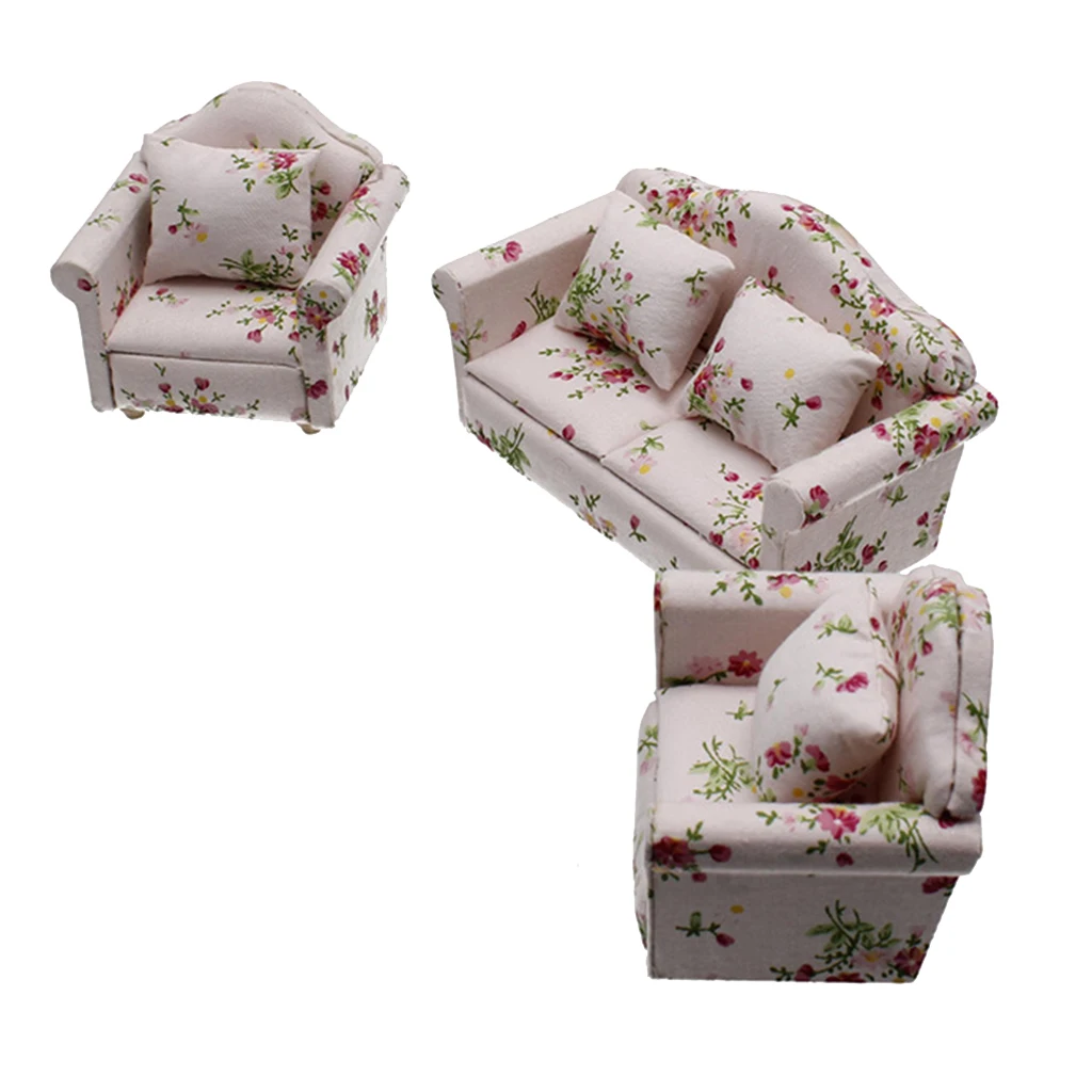 Miniature Dollhouse Furniture Striped/Floral Sofa Couch with Cushions for Dolls House
