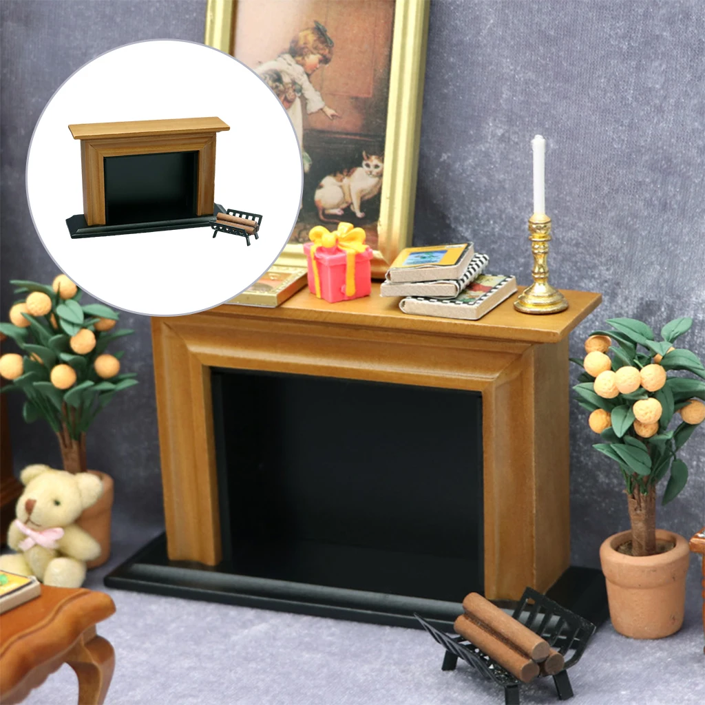 1:12 Scale Dollhouse Furniture Miniature Fireplace and Firewood Rack Holder Set for Doll House, Miniature Accessory