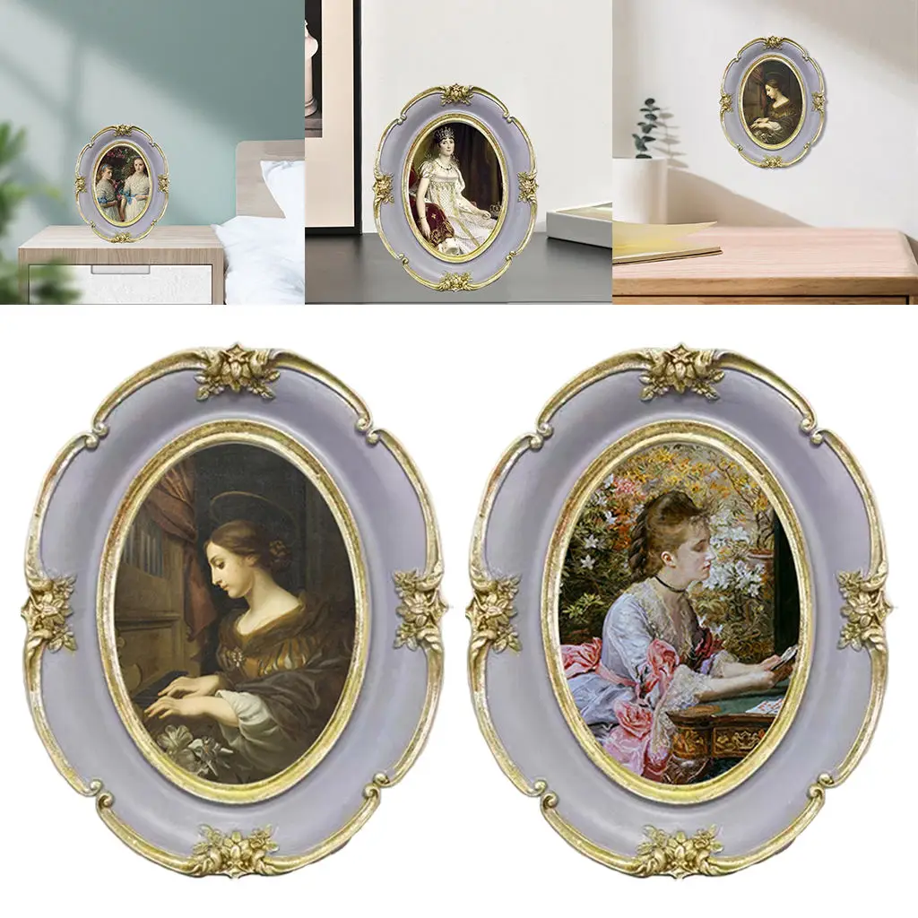 Vintage Baroque Oval Photo Frame Antique Table Resin Decoration Ornate Textured Picture Frame for Home Decor European Style