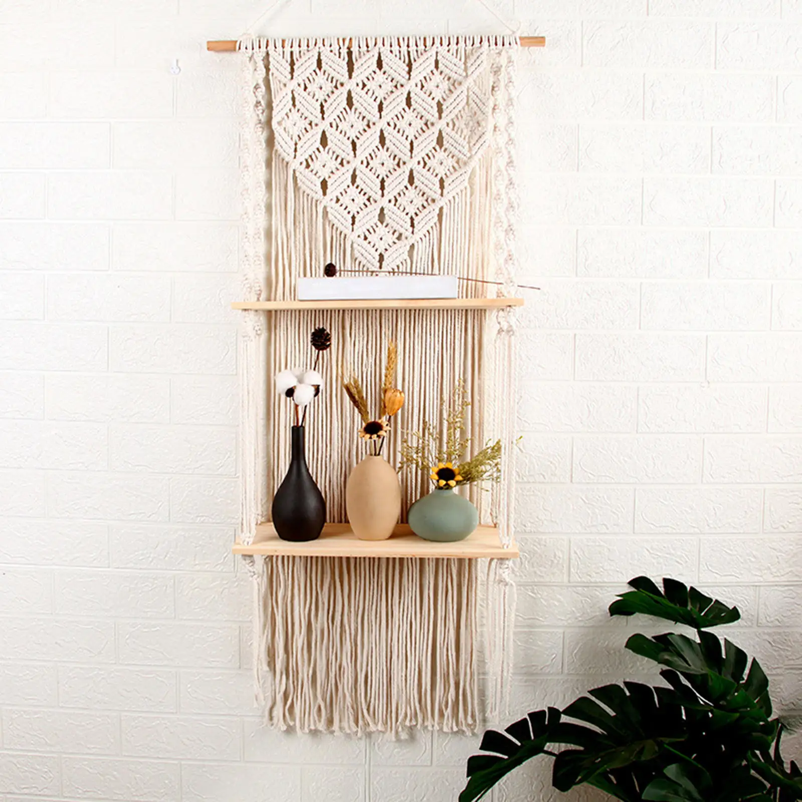 Chic Tapestry Macrame Wall Hanging Shelf Plant Display Home Organizer Books Flowerpot Woven Wood Shelf 2 Tiers Decor for Kitchen