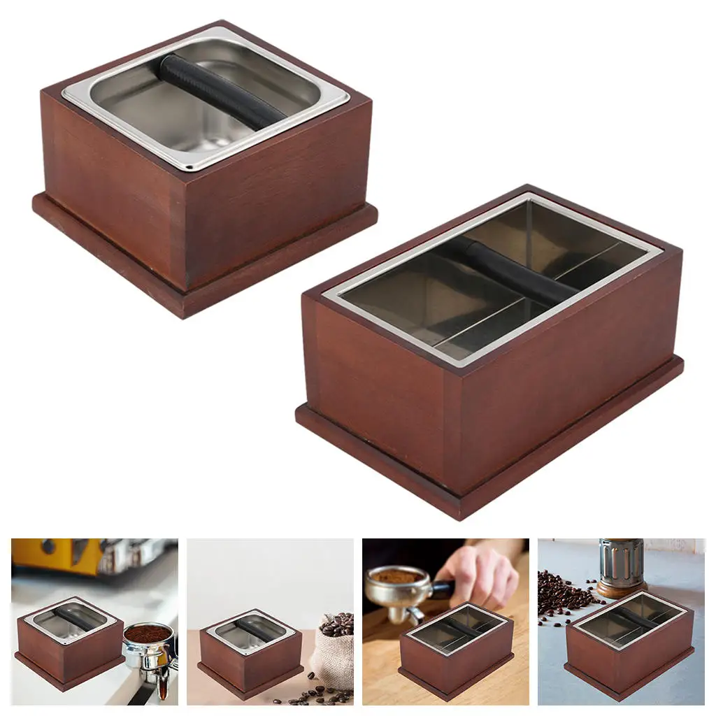 Espresso Knock Box Wooden Base Built-In Container Coffee Dump Bin Coffee Grind Knock Box for Home Office Bar Kitchen Coffee Shop