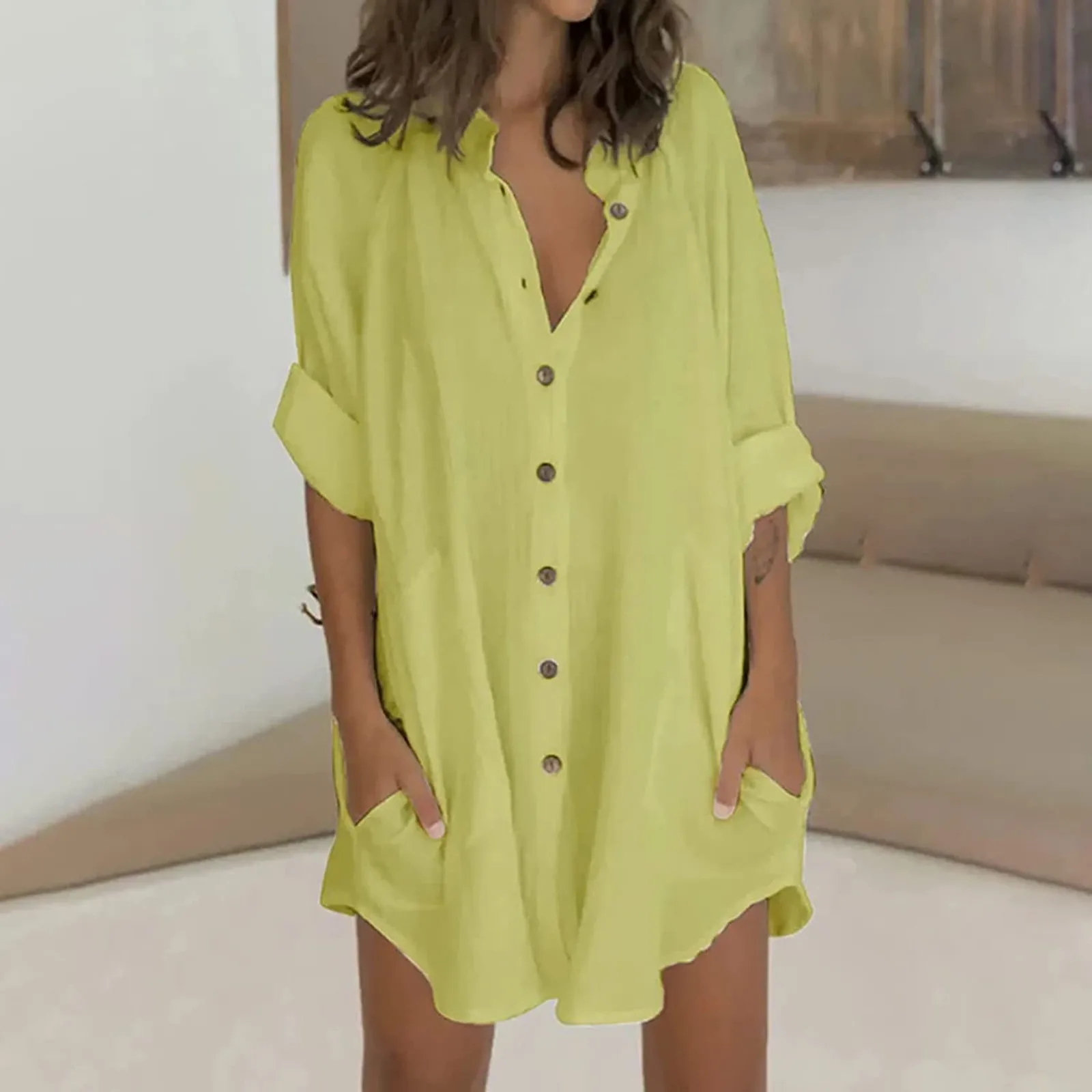 Cotton Linen Shirt Dress Women High Street Wear Button Down Blouse Long Tunic Dress Plus Size Blouse With Pocket Cover-up bathing suit and cover up set