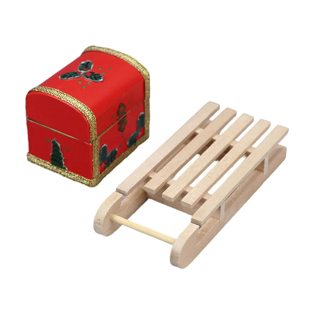 1/12 Dollhouse Decoration Educational Toy Model Workmanship Wooden Sleigh Gift Box for Kids