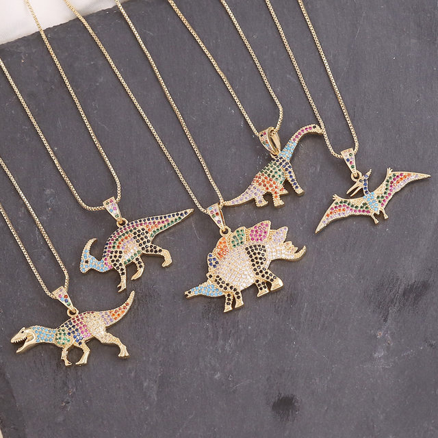 Girls Rainbow Dinosaurs Animal Necklace Gifts Zircon Tyrannosaurus Pterodactyl T Rex Pendant Jewelry for Women Boys Teen Girls