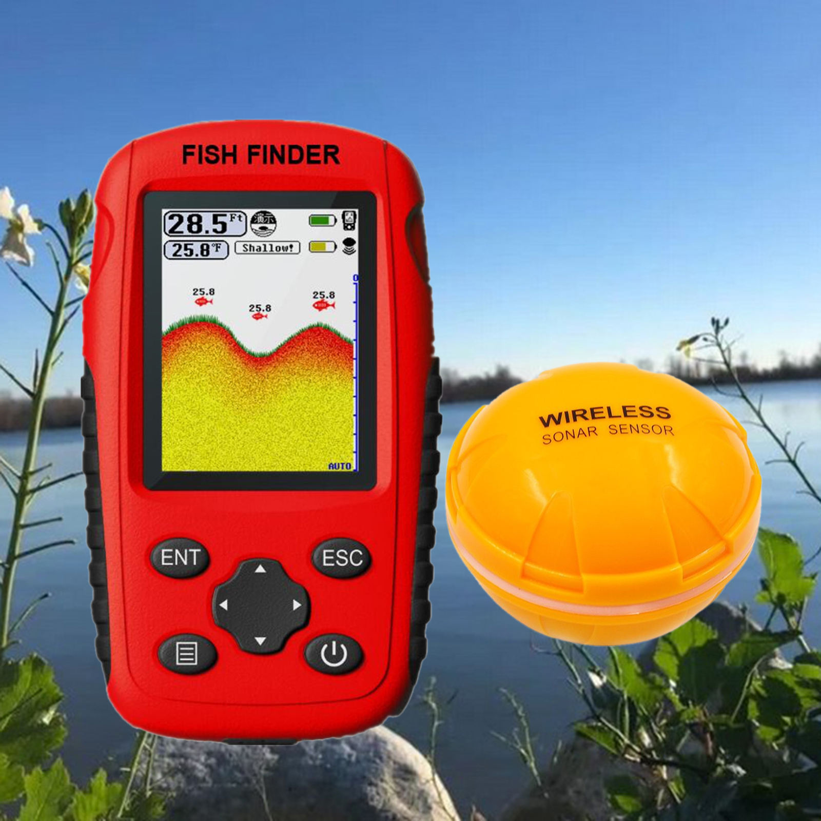 Portable Fish Finder Wireless Sonar Sensor Fishfinder Depth Locator with Fishes Size, Water Temperature, Bottom Contour Display