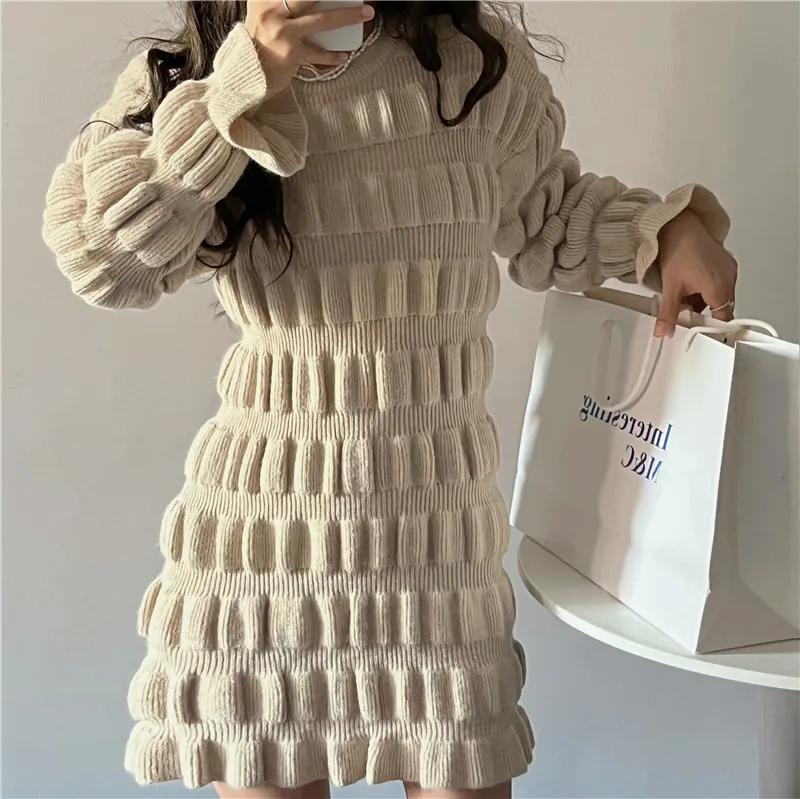 Hcbd7da3a16474b2c9b316f602169513dj - Winter Korean O-Neck Long Flare Sleeves Ruched A-Line Knitted Mini Dress