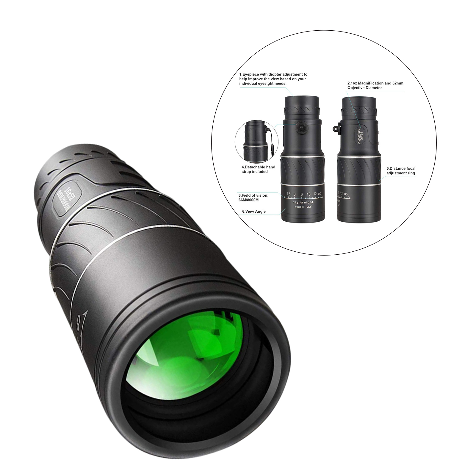 16x52 Monocular Dual Focus Optics Zoom Telescope 66m/8000m High Power for Bird Watching Hunting Waterproof
