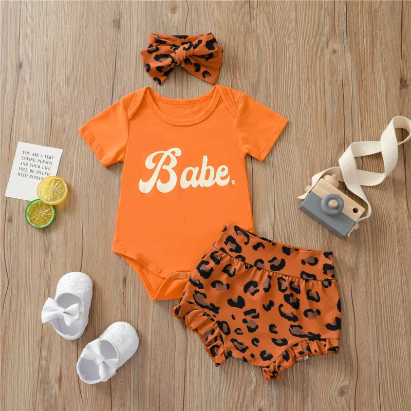 Baby Summer Clothing Sets Toddler Newborn Baby Girls Letter Bodysuits+Floral/Leopard Print High Waist Shorts+Headband Outfits Baby Clothing Set discount
