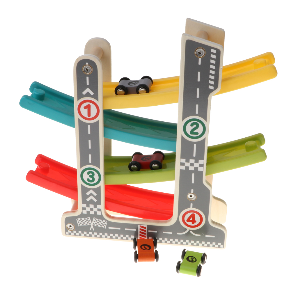 Wooden Slider Click Clack 4 Layer Race Track Playset with 4 Race Cars, Kids Toddlers Preschool Educational Toy