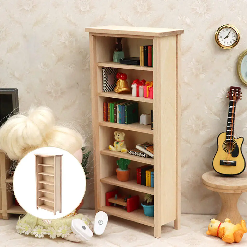 Wood Dollhouse Miniature Bookcase 1:12 Scale Pretend Play Toy Handmade Playset Model Mini Cabinet for Book Room Doll House Decor