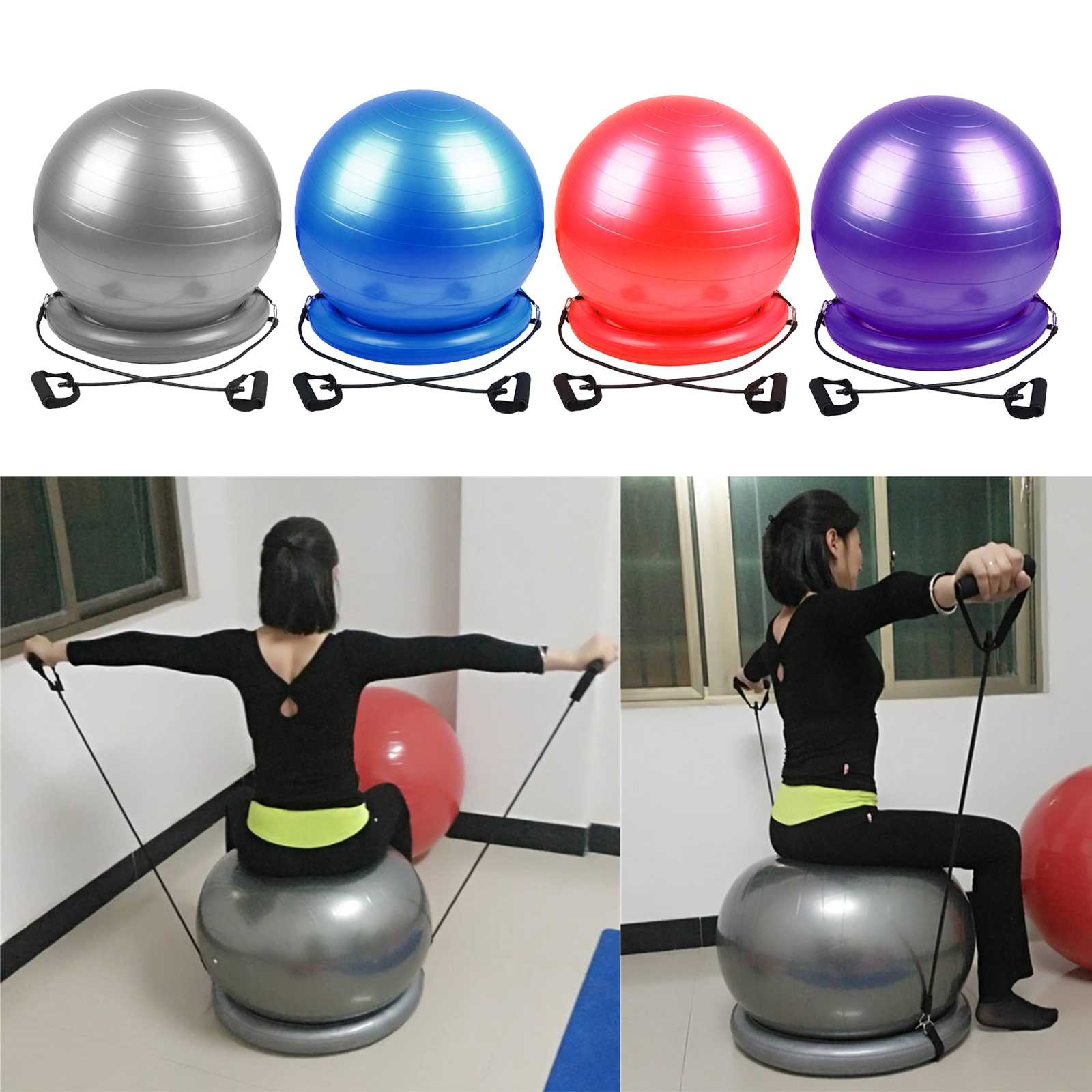 Exercise Ball with Attachable Resistance Bands and Removable Stability Base - Full Body Fitness Workout Equipment
