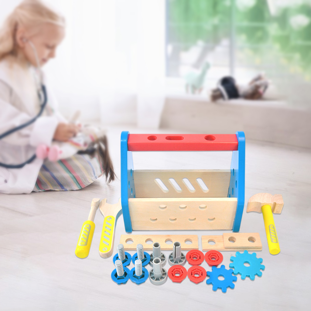 Wooden Take-Along Tool Kit Wrench and Hammer Accessory Repair Toolbox Toy
