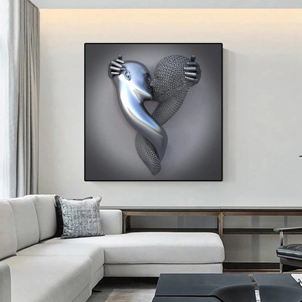 Silver,D Style 19.68 in Abstract Canvas Wall Art,Metal Wire Sculpture Figure Couple Hanging Painting for Living Room Bedroom Home Love Heart 3D Effect Wall Art 