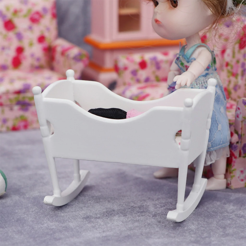 1/12 Scale Doll House Wooden Bassinet Cradle Cot Beds Bedroom Scenery Accs