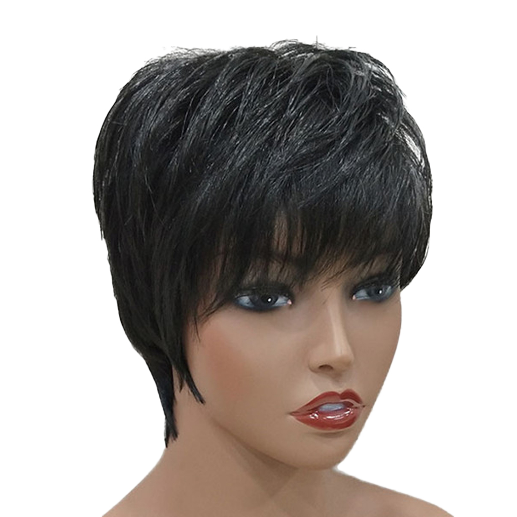 Women Human Hair Wig, Black Short Hairpieces Wavy Layered Hairstyle, 25cm/10