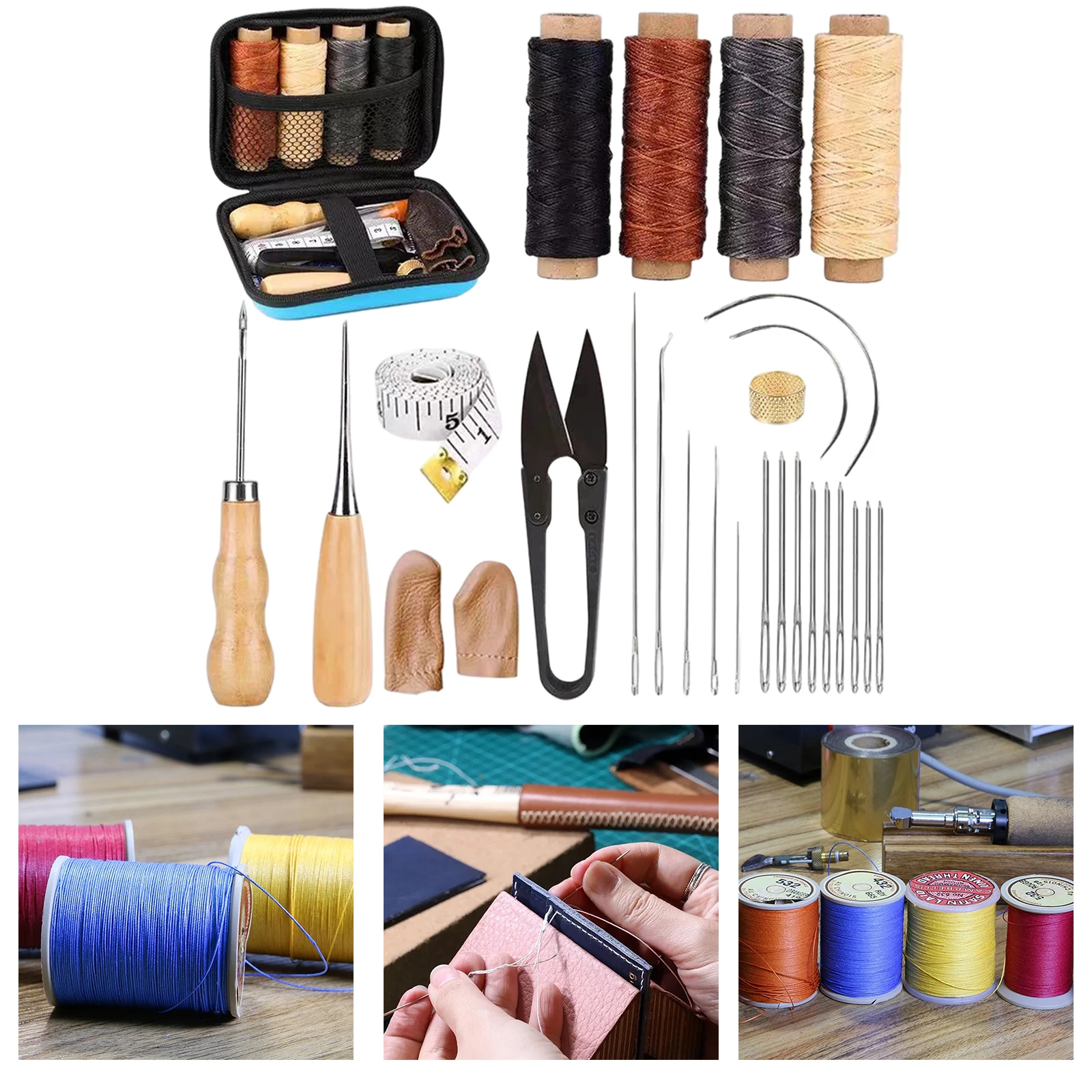 28x Leather Craft Kit DIY Sewing Sewing Cutting Tools Manual Puncher Threaded Awl Wax Thimble Stamping Scraper Kit Leathercraft