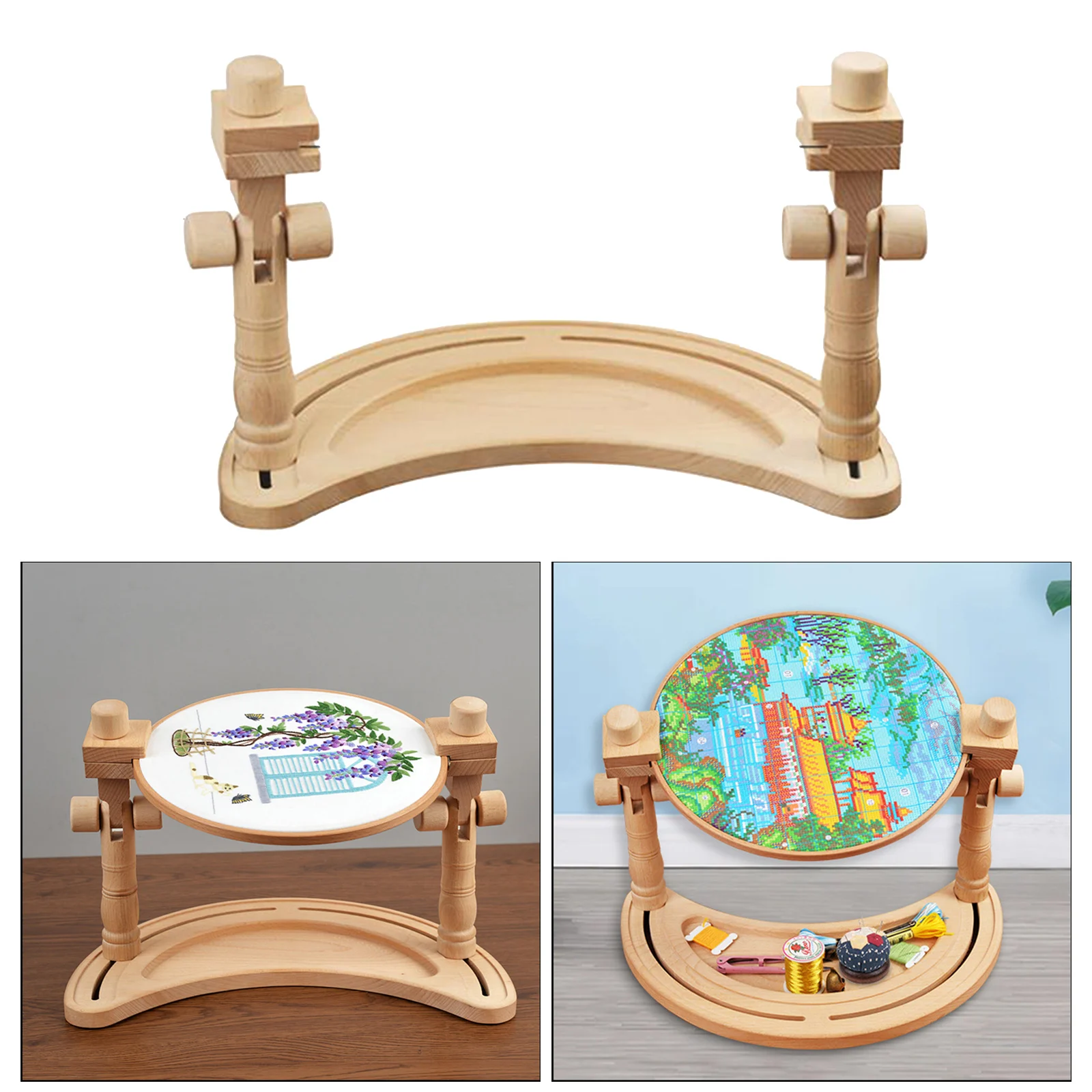 Retro Style Rotating Wooden Needlework Table Rack Tabletop Embroidery Stitchwork Rotate Sewing Holder
