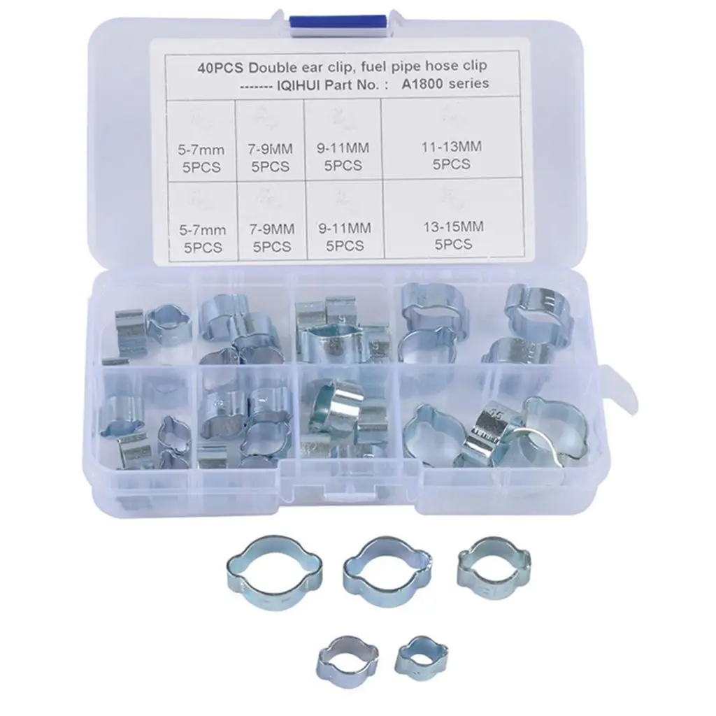 40Pcs Metal Double Ear Hose Fuel Clamp 5 Size Clips for Gas Water Oil Pipe