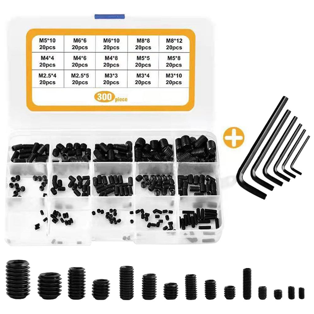 300 Pieces M2.5/M3/M4/M5/M6/M8 Allen Head Socket Screw Screw Assortment Kit Carbon Steel Internal Hex Drive with Hex Wrench