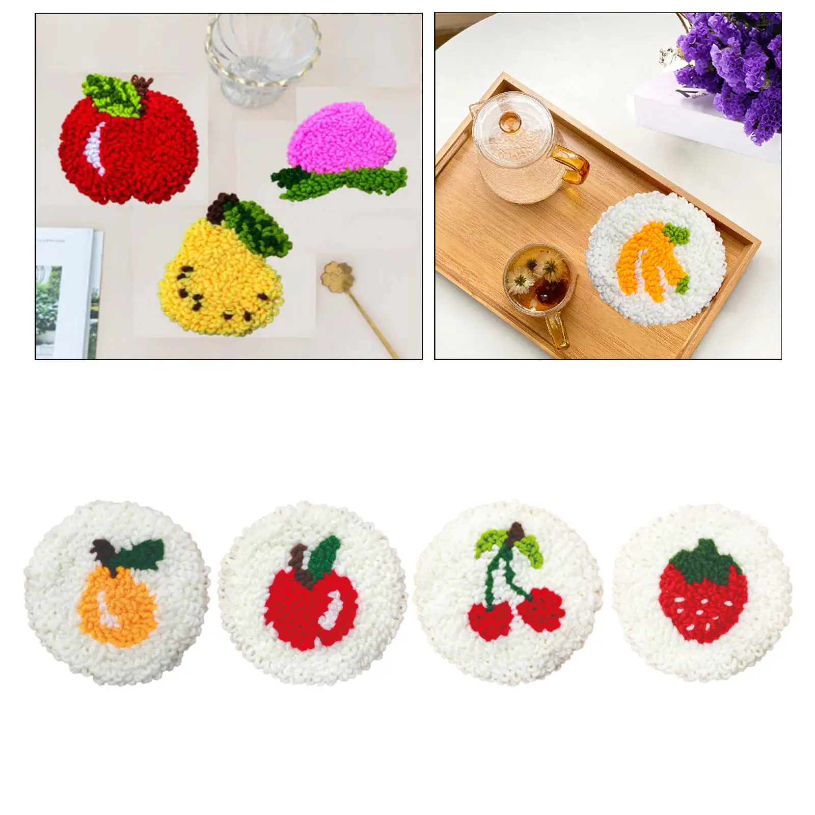 4/6PCS Fruit Pattern Punch Needle Coaster Kit with Yarn for Beginners Easy Embroidery DIY Needlework Wool Work Cup Mat