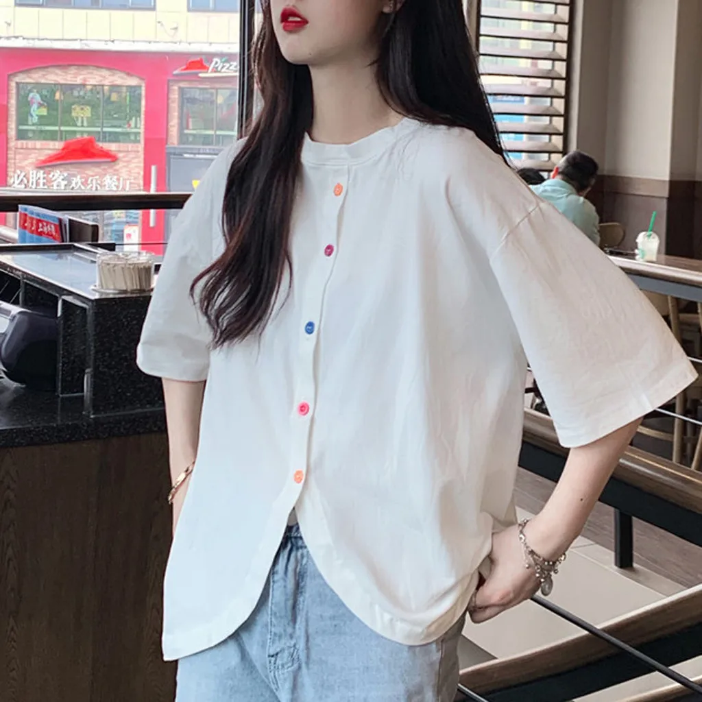 40#Women's Retro Blouses Loose Color Button O-neck Short Sleeve Shirt Irregular Spring Elegant Top Korean Sweet Blouse блузка womens shirts and blouses