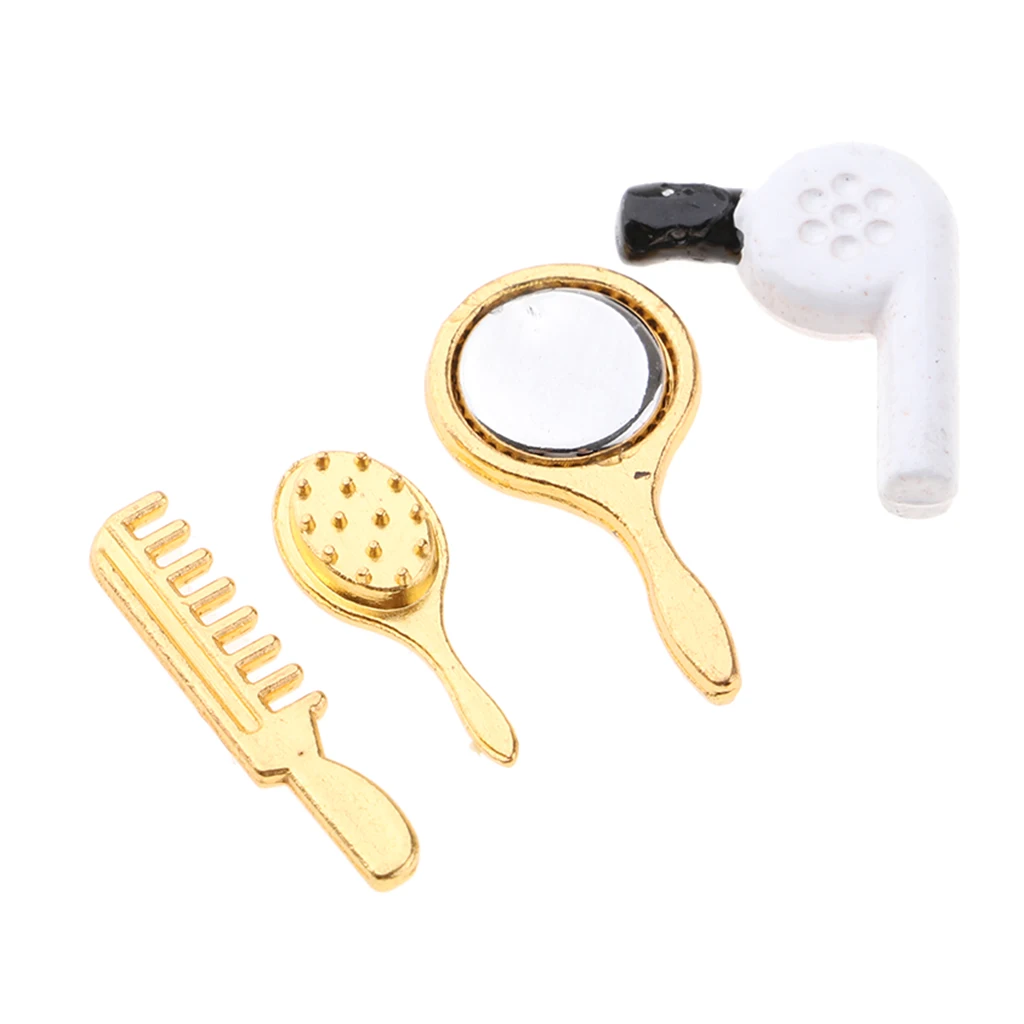 1/12 Dollhouse Miniature Practical Bathroom Accessory Comb Hair Dryer Mirror