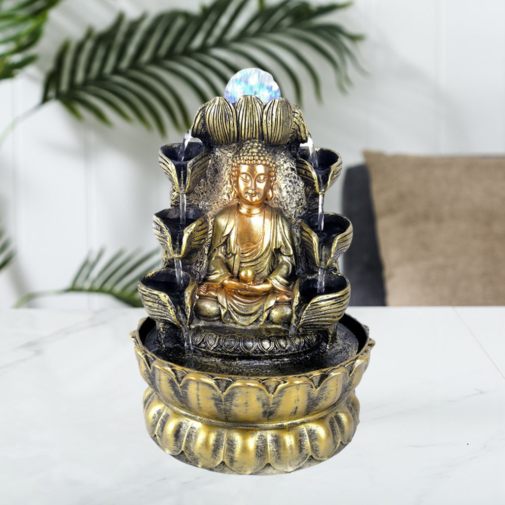 Home Decorations Resin Flowing Water Waterfall Led Fountain Buddha Statue Lucky Feng Shui Ornaments Landscape Decor