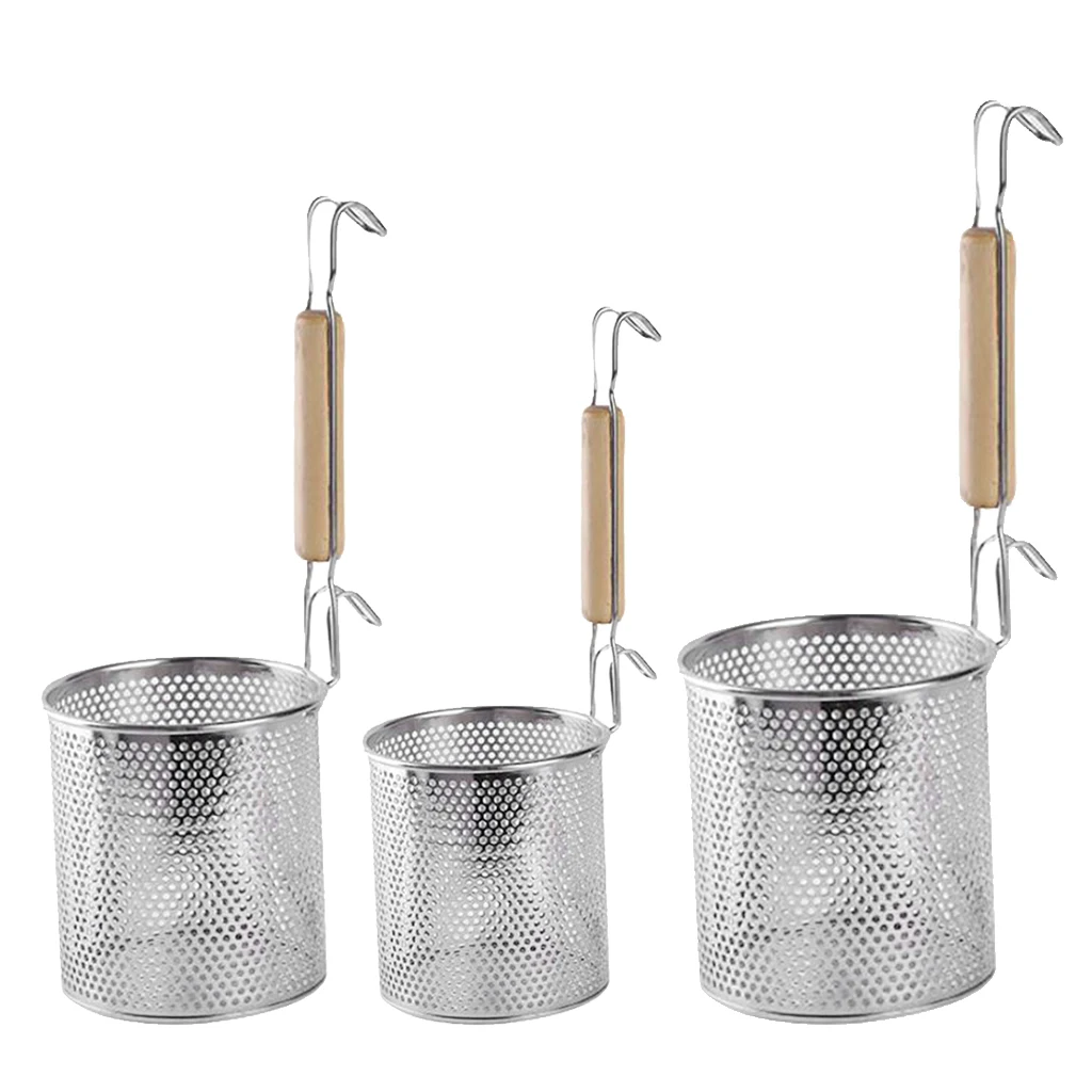 Stainless Steel Noodle Food Strainer with Hook and Wooden Handle, Strainer Basket for Dumpling Udon Vegetables Pasta