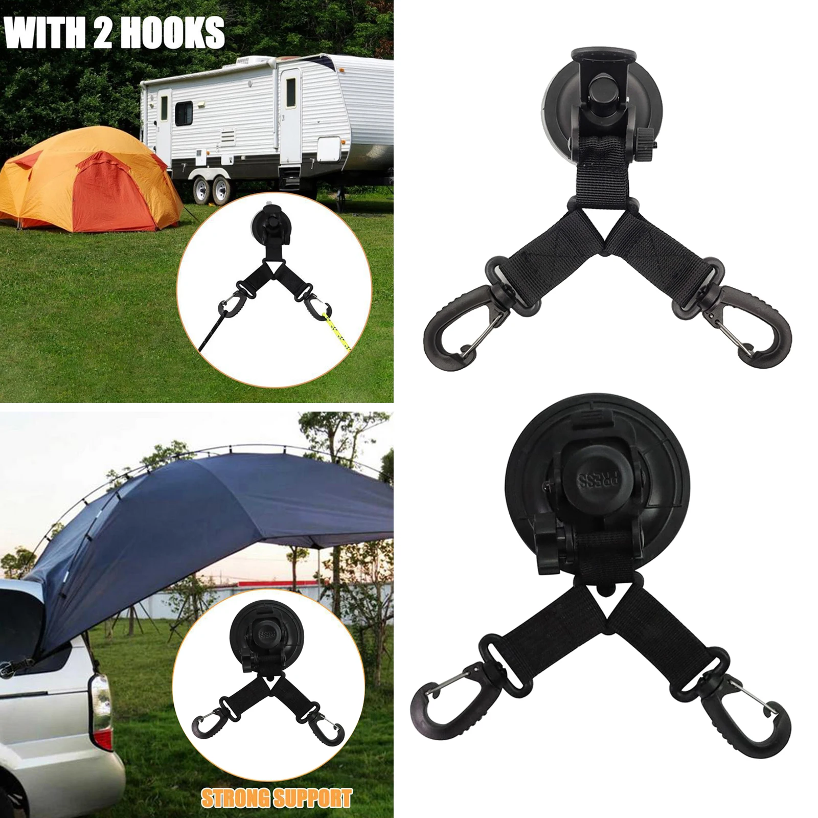 Suction Cup Anchor W/Securing Carabiner Hook Tents Camping Tarp Easy Install