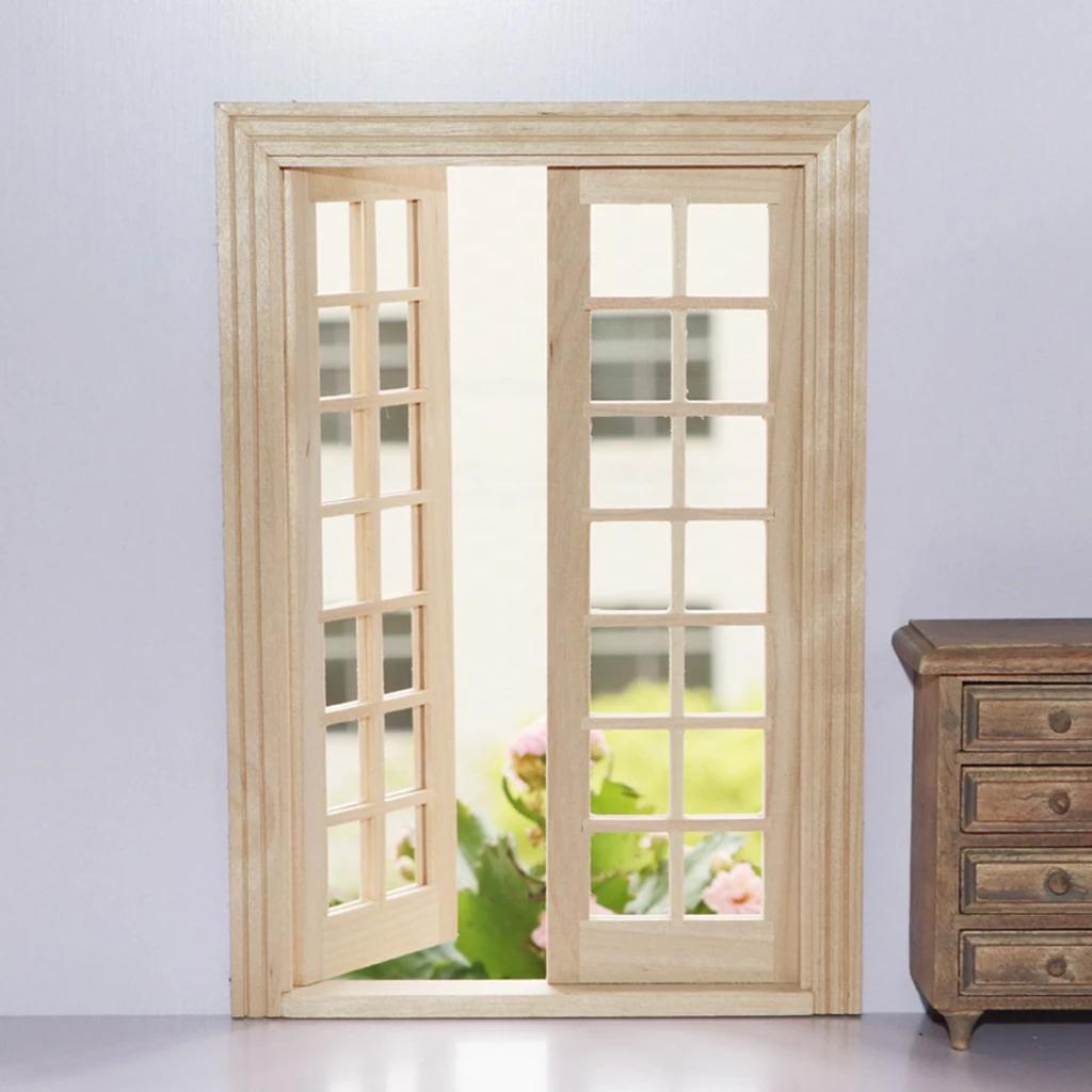 Dolls House Miniature Glazed Double French Wood Doors & Frame DIY Accessory