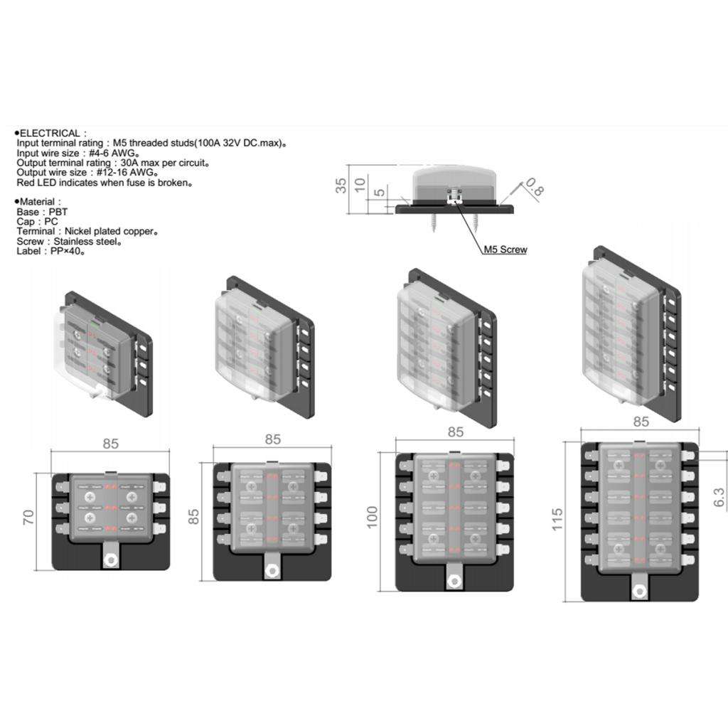 Car Boat 6V/12V/24V 10 Way Fuse Box Holder and Fuse with Red LED Light Kit