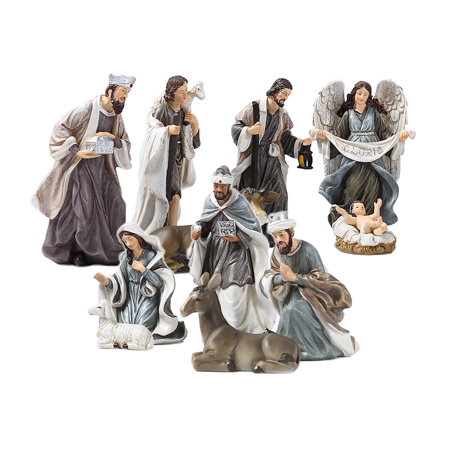 12pcs Nativity Set, Includes Family Resin Decorative Figures and Animal Toys for Gift Statues Christmas Home Decoration