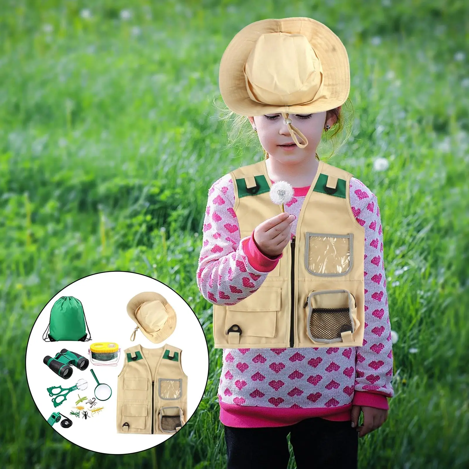 Durable Outdoor Adventure Kit Cargo Vest Hat Set 530 Telescope Magnifying Glass Camping Toys for Camping Hiking Backyard Kids