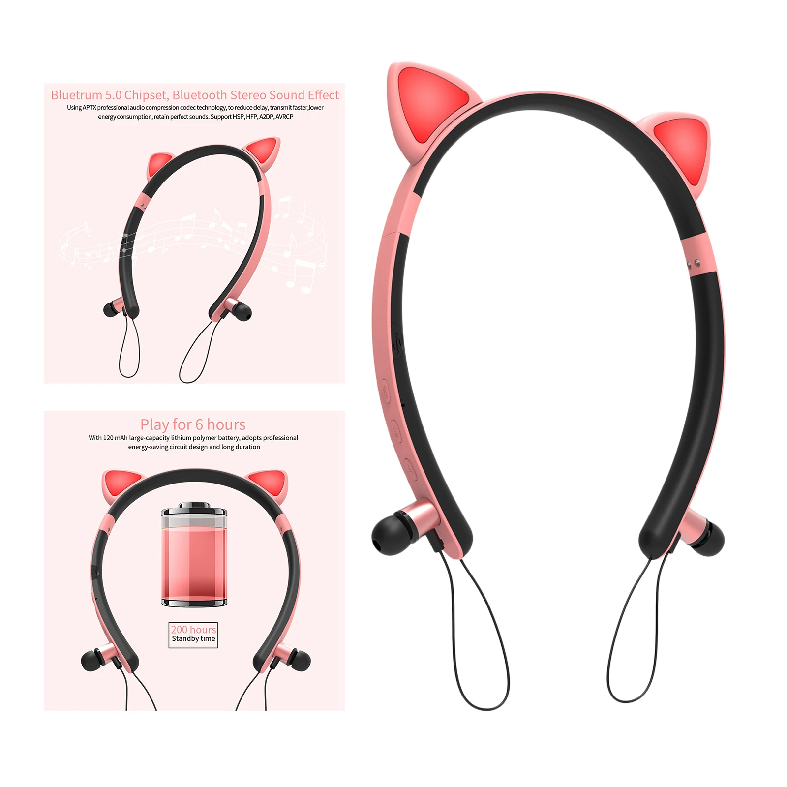 Headhand Cat Ear Bluetooth Headset Earphone Headphones Microphone Speaker