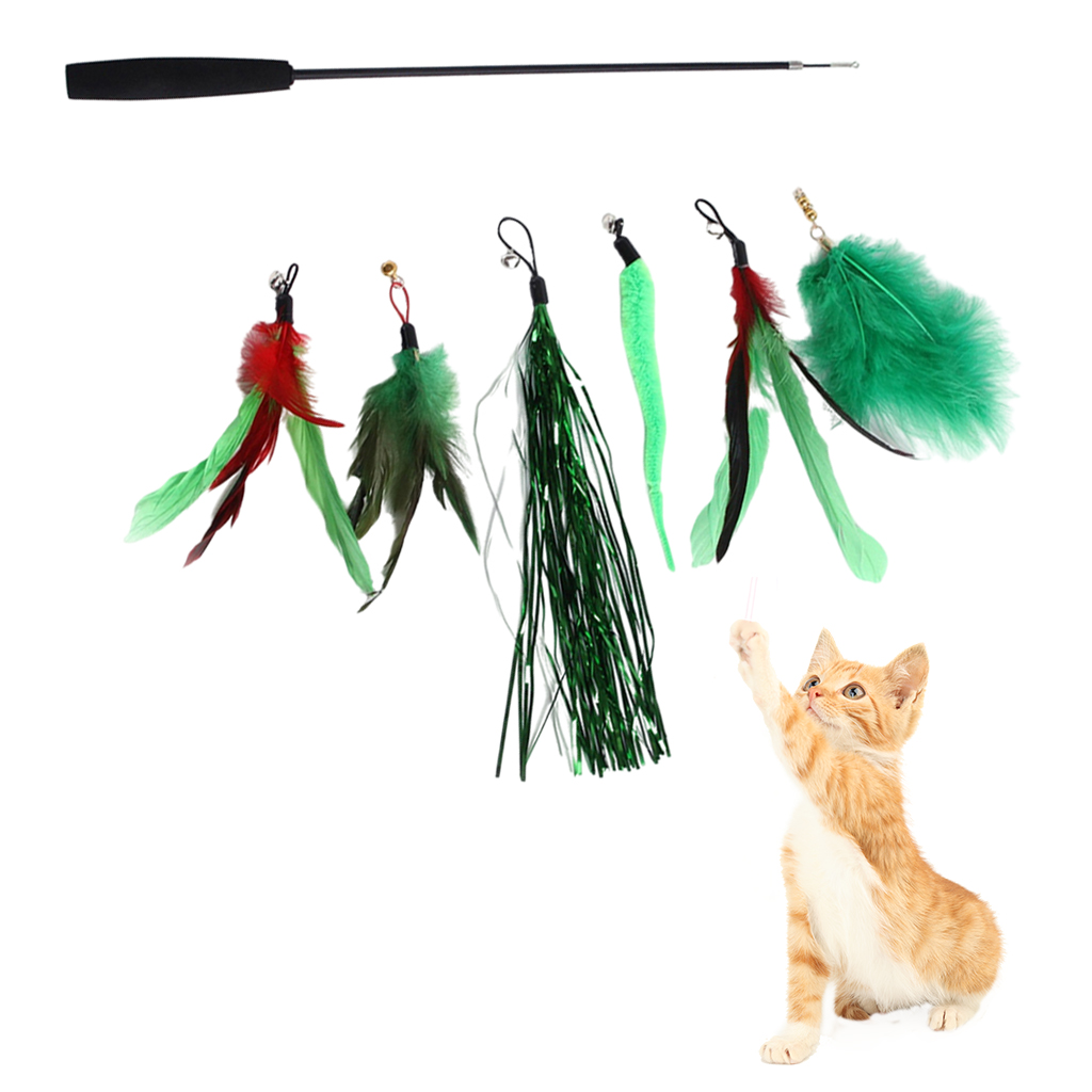 Interactive Cat Teaser Wand Kitten Stick with 6 Piece Play Attachments Toy